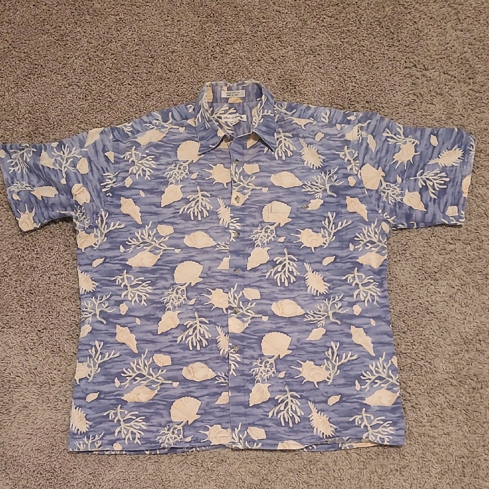 Pierre Cardin Blue Cream Tropical Shirt Mens Large Casual Hawaii Shirt Cotton